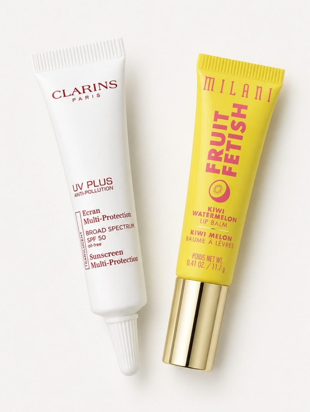 💄🍒 Milani Fruit Fetish Lip Balm & Clarins SPF 50 Mini Skincare Set of 2 💛
